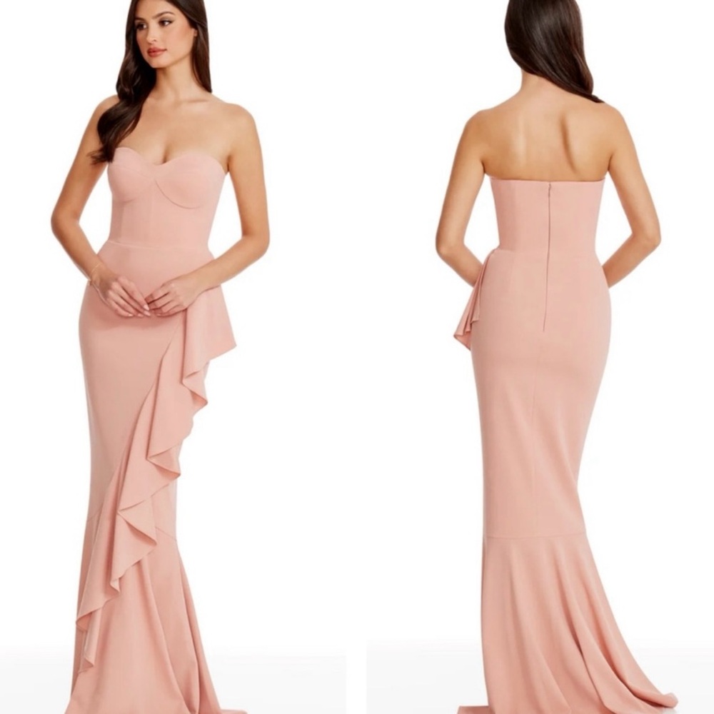 💖 Dress the Population. Asymmetrical Ruffled Strapless Gown, Blush Pink, Medium
